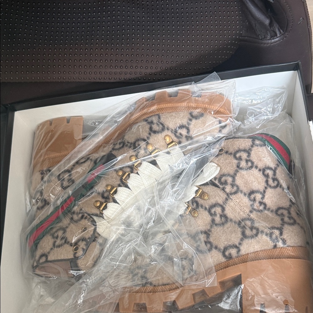 Gucci Beige and Brown Patterned Combat Boots